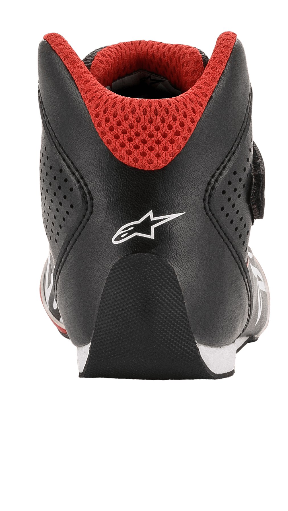 Chaussures Alpinestars Youth Tech-1 K, chaussures de karting, noir, blanc et rouge, vue arrière avec talon arrondi, logo Alpinestars blanc et col en maille 3D rouge pour le karting