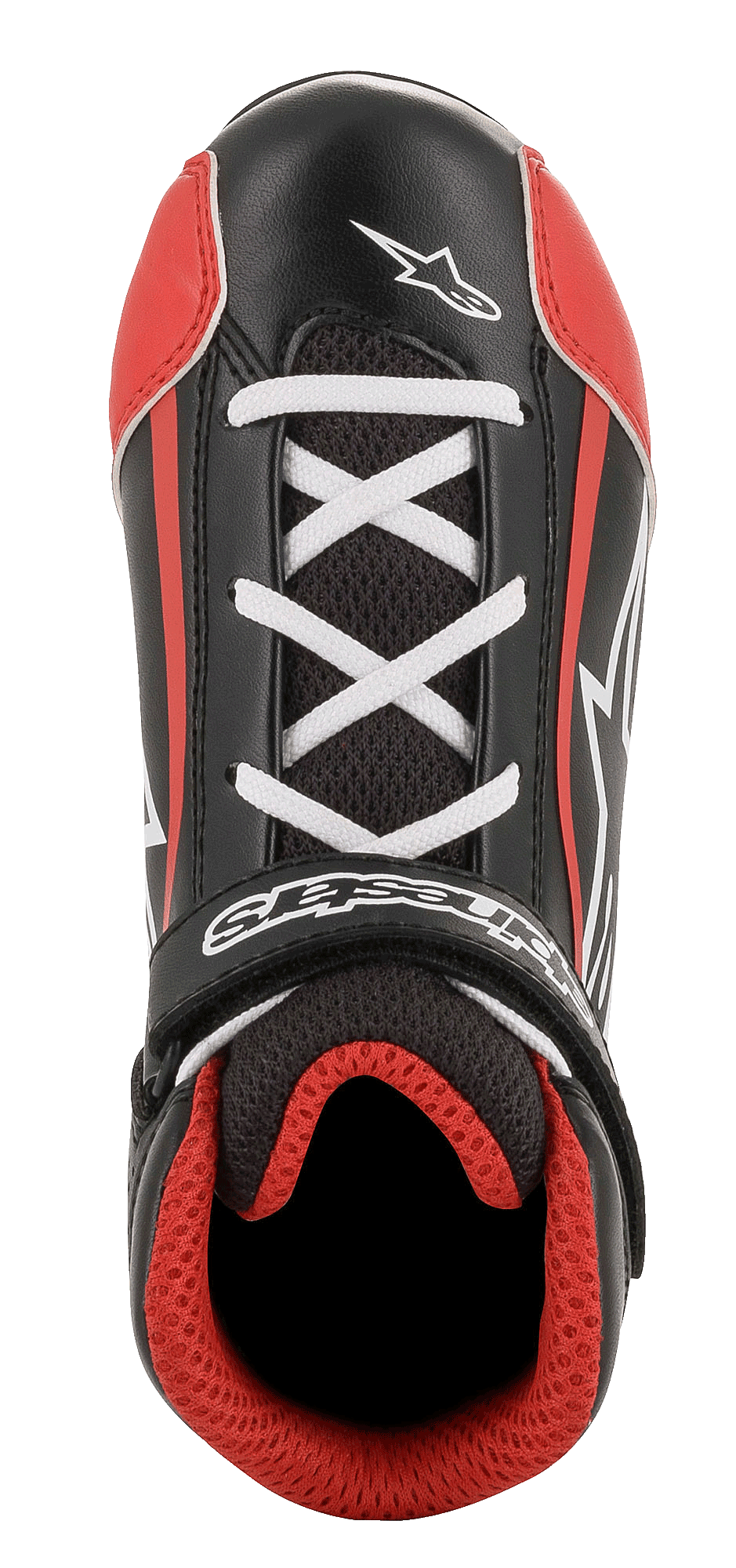 Chaussures Alpinestars Youth Tech-1 K, chaussures de karting, noir, blanc et rouge, vue de dessus montrant des lacets croisés blancs, une sangle à scratch noire avec logo, une doublure en maille 3D rouge, construction durable en microfibre et maille