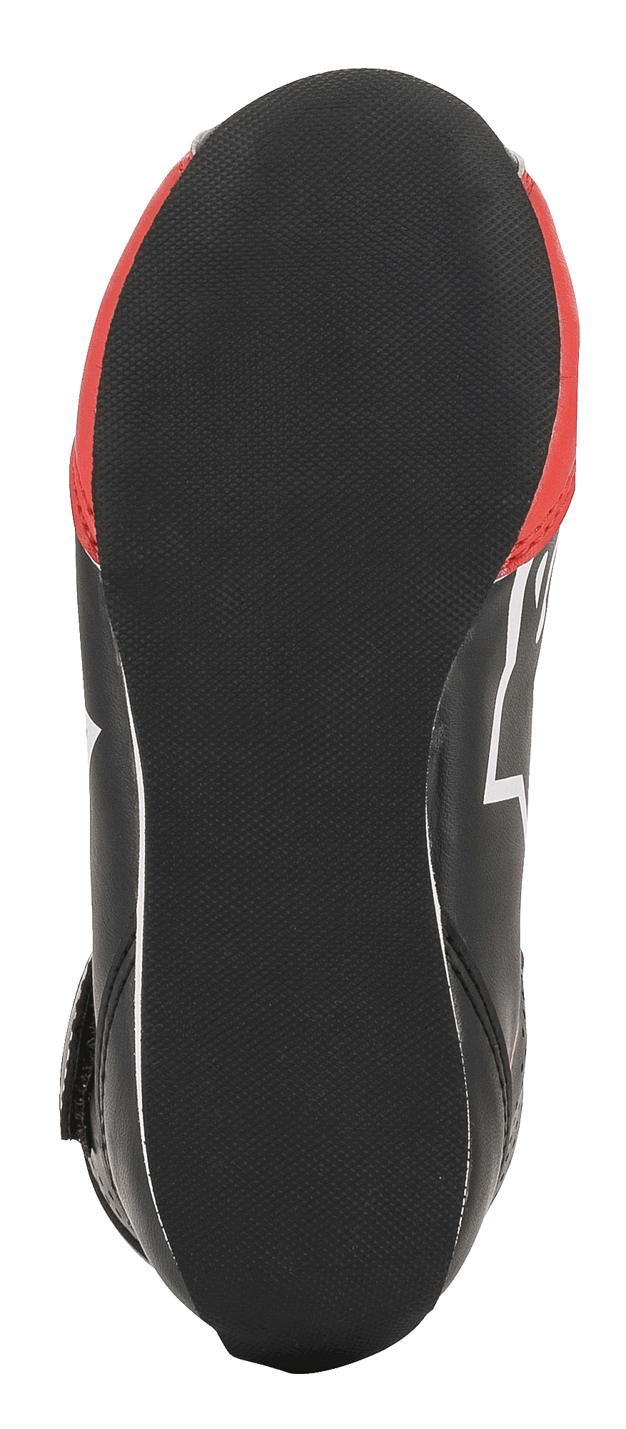 Chaussures Alpinestars Tech-1 K Junior, chaussures de karting, noir, blanc et rouge, vue de dessous présentant la semelle en caoutchouc noir texturé avec talon arrondi pour la sensibilité aux pédales et accents rouges latéraux.