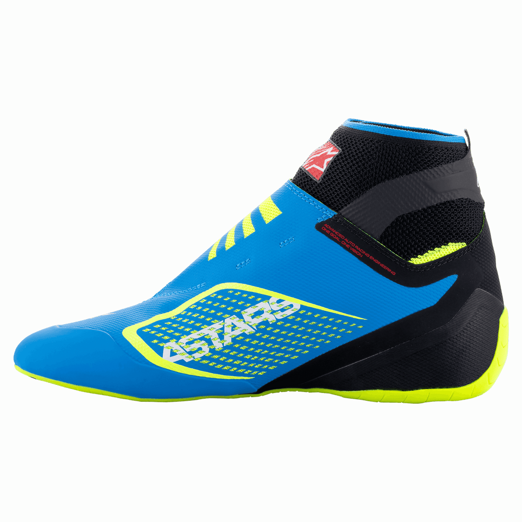 Alpinestars Tech-1 KZ V2 Shoes, Karting Shoes, Enamel Blue with Black and Yellow Fluo accents, side profile view featuring seamless knitted upper construction and Formula 1-derived thin rubber outsole, bold ASTARS logo on the side.