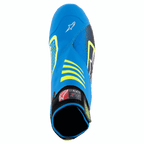 Alpinestars Tech-1 KZ V2 Shoes, Karting Shoes, Black Enamel Blue and Yellow Fluo, top-down view showing the seamless knitted upper, Alpinestars logo on the toe, and elasticated collar for a secure fit.