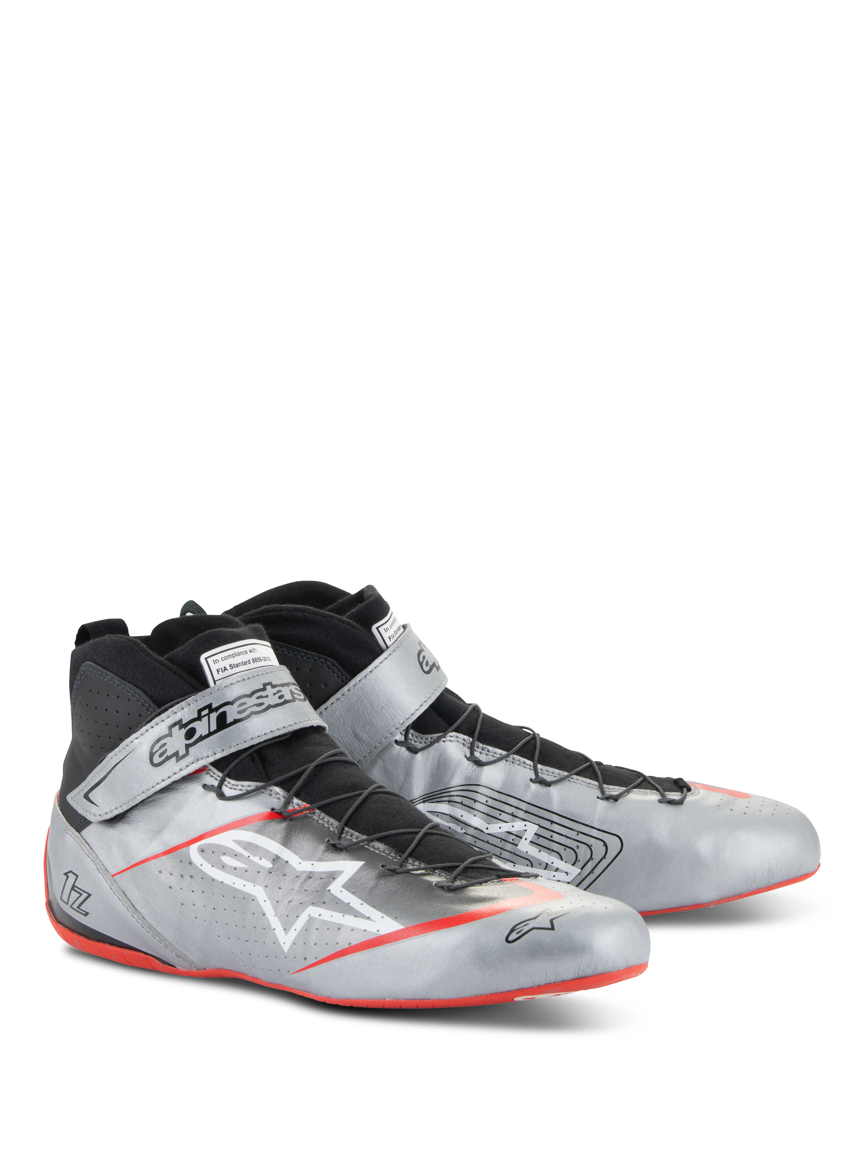 Alpinestars Tech-1 Z V3 Shoes FIA, Auto Racing Shoes, Dark Silver with Black and Red accents, metallic silver leather upper with black speed lacing system, branded ankle strap, and thin red sole detailing.