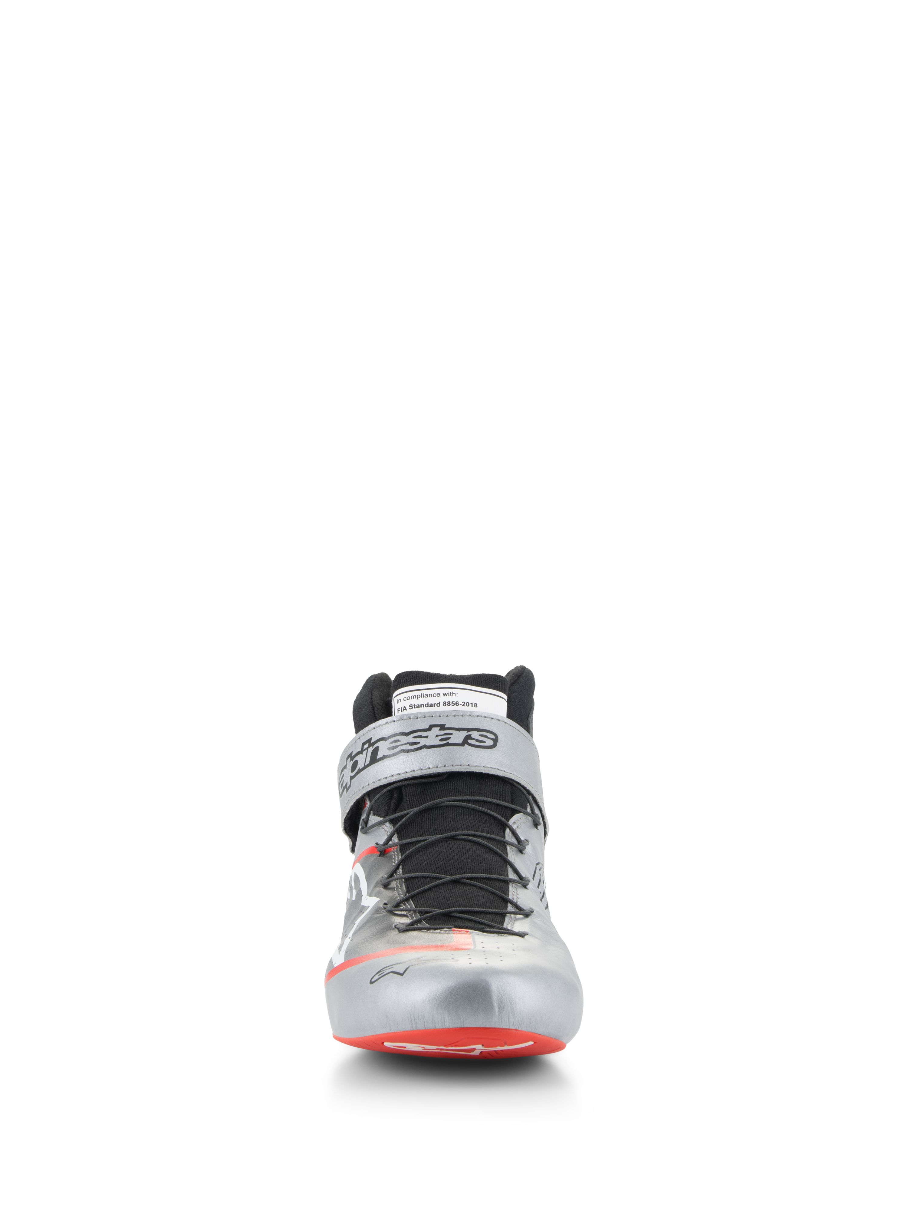 Alpinestars Tech-1 Z V3 Shoes FIA, Auto Racing Shoes, Dark Silver Black and Red, front view featuring a metallic silver leather upper, black speed lacing system, red accents on the toe, Alpinestars branding on the ankle strap, and FIA homologation label on the tongue
