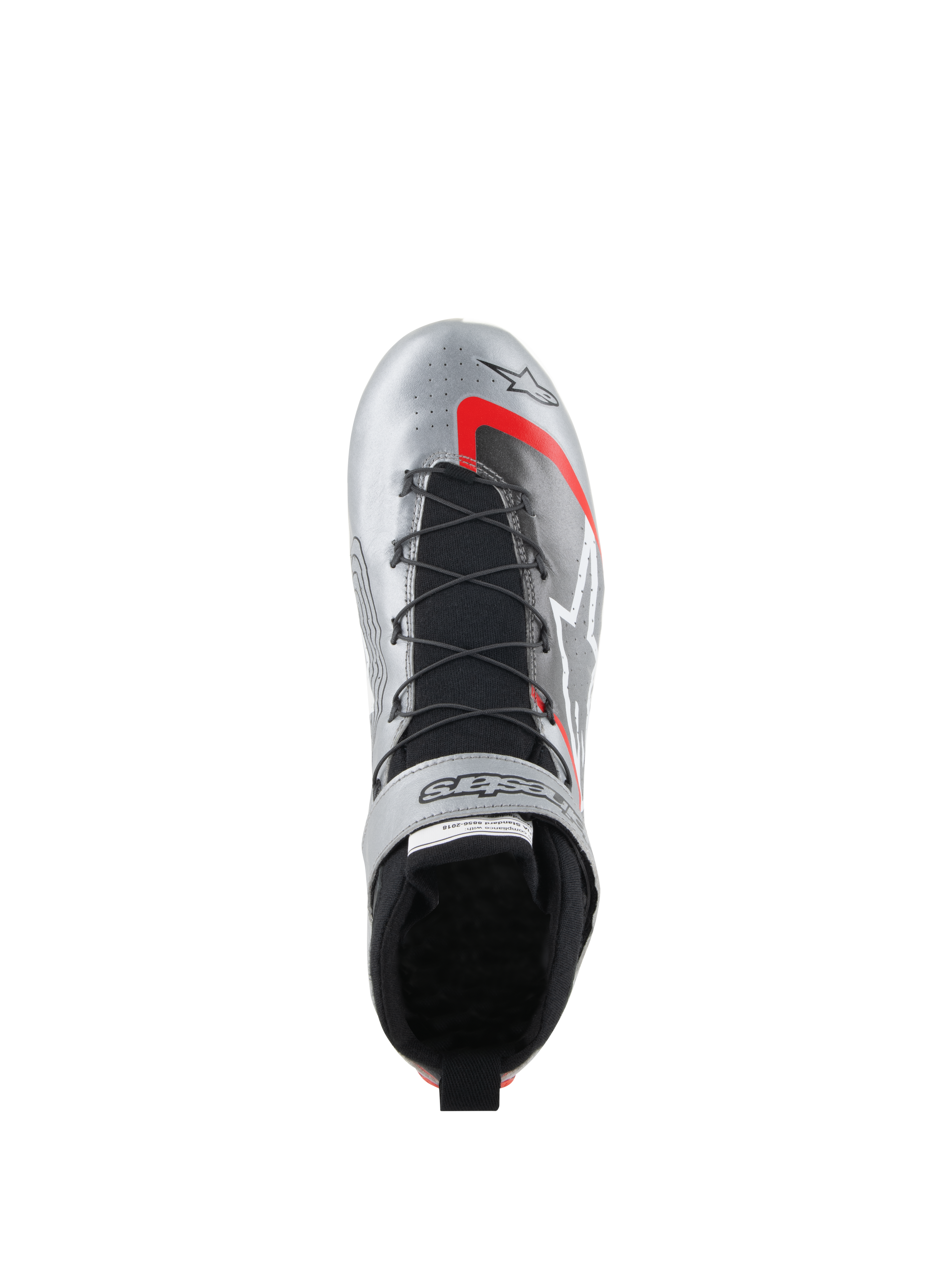 Alpinestars Tech-1 Z V3 Shoes FIA, Auto Racing Shoes, Dark Silver with Black and Red accents, top-down view showing the speed lacing system, black knitted tongue, and metallic leather finish with bold branding.
