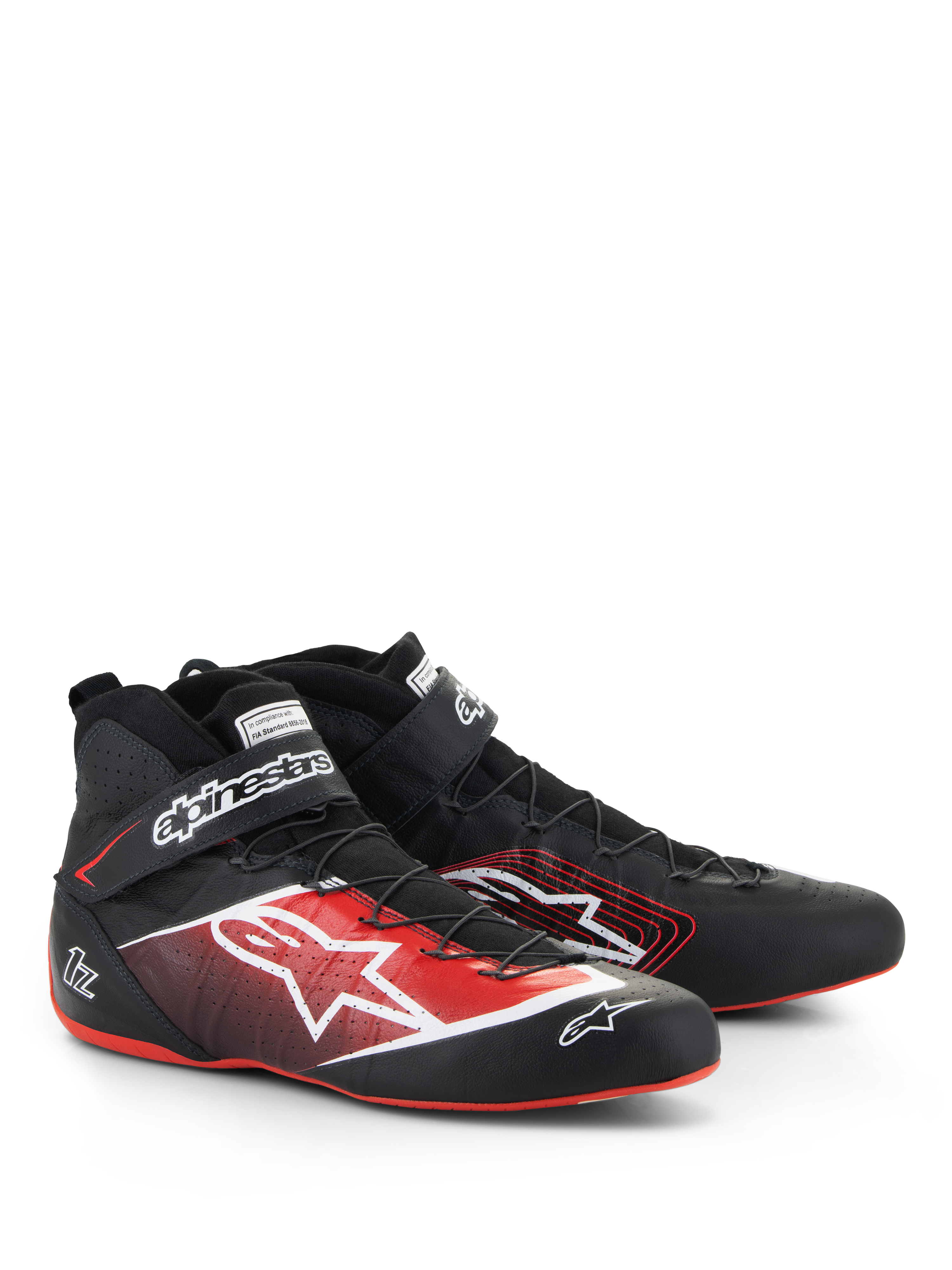 Alpinestars Tech-1 Z V3 Shoes FIA, Auto Racing Shoes, Black with Red and White accents, featuring a large white star logo on the side, thin red soles, and a precision wire lacing system with an ankle strap.