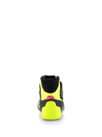 Alpinestars Tech-1 Z V3 Shoes FIA, Auto Racing Shoes, Black and Yellow Fluo, Rear view showing fluorescent yellow heel counter and red accent with white logo, professional motorsport footwear