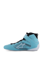 Alpinestars Tech-1 Z V3 Shoes FIA, Auto Racing Shoes, Light Teal White and Black, side profile view, premium leather with perforations, large star logo with wavy graphic lines, white sole and black collar