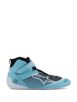 Alpinestars Tech-1 Z V3 Shoes FIA, professional auto racing shoes, Light Teal, White and Black, high-top design with Velcro ankle strap, perforated bovine leather upper, speed lacing system, lateral profile view showing Alpinestars star logo and FIA certified construction