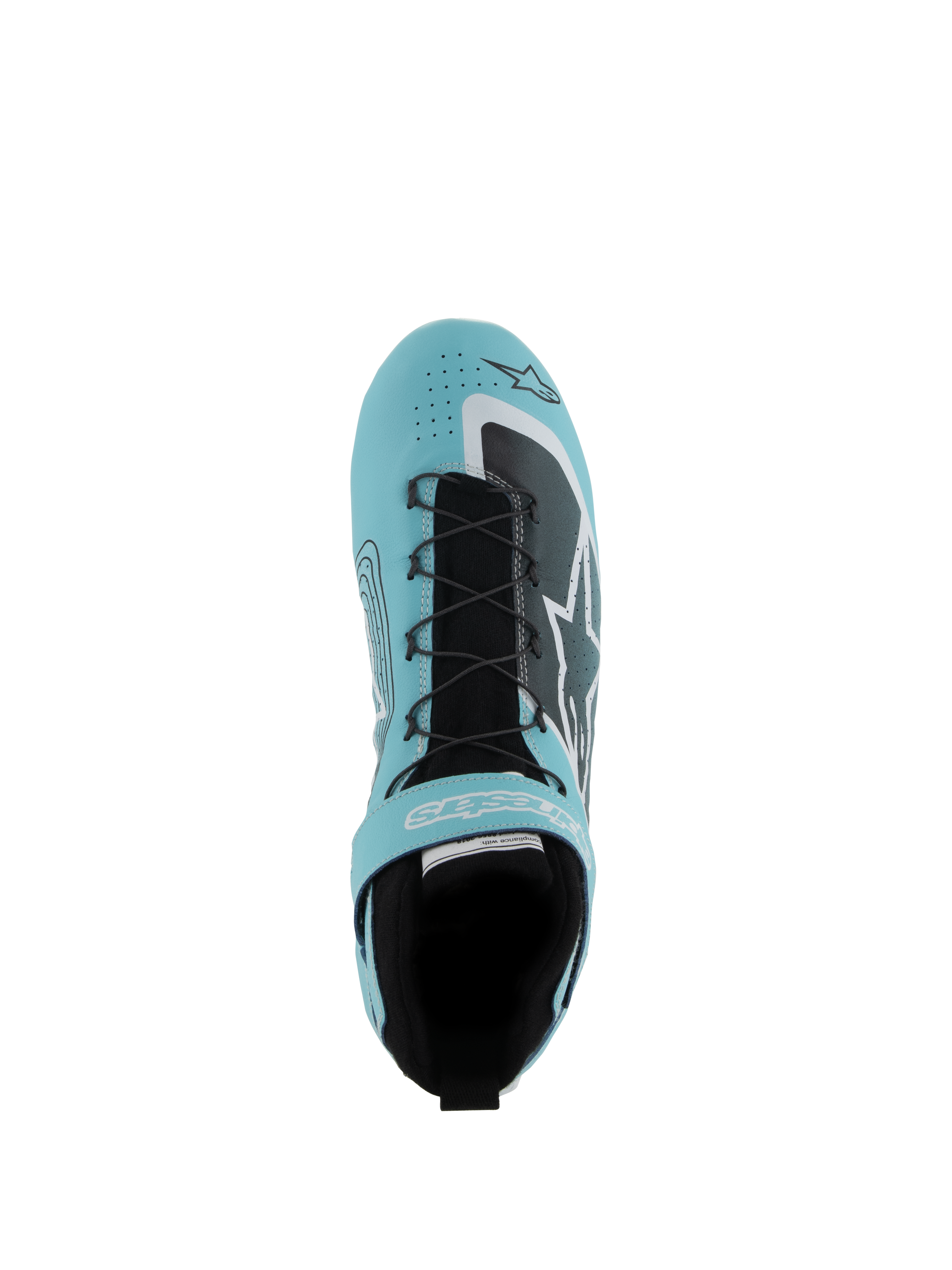 Alpinestars Tech-1 Z V3 Shoes FIA, Auto Racing Footwear, Light Teal White and Black, top-down view showing speed lacing system, velcro strap, and perforated leather upper, designed for professional motorsport performance
