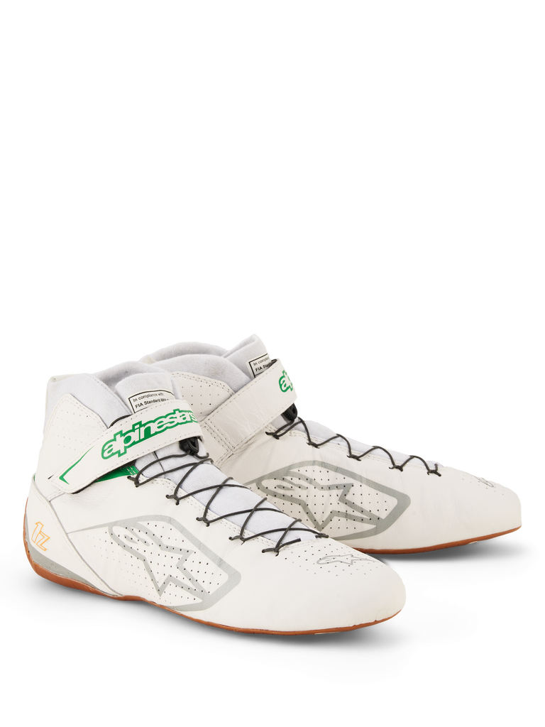 Alpinestars Tech-1 Z V3 Shoes FIA, White Green Gum Silver racing shoes, perforated bovine leather upper, speed lacing system with green logo strap, thin gum rubber sole for pedal feel, professional motorsport footwear