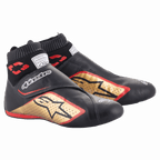 Alpinestars Supermono V2 Shoes FIA, Auto Racing Shoes, Black Gold and Red, ultra-lightweight leather construction, featuring a gold star logo with red outlines, sock-like elastic collar, and hook-and-loop strap closure
