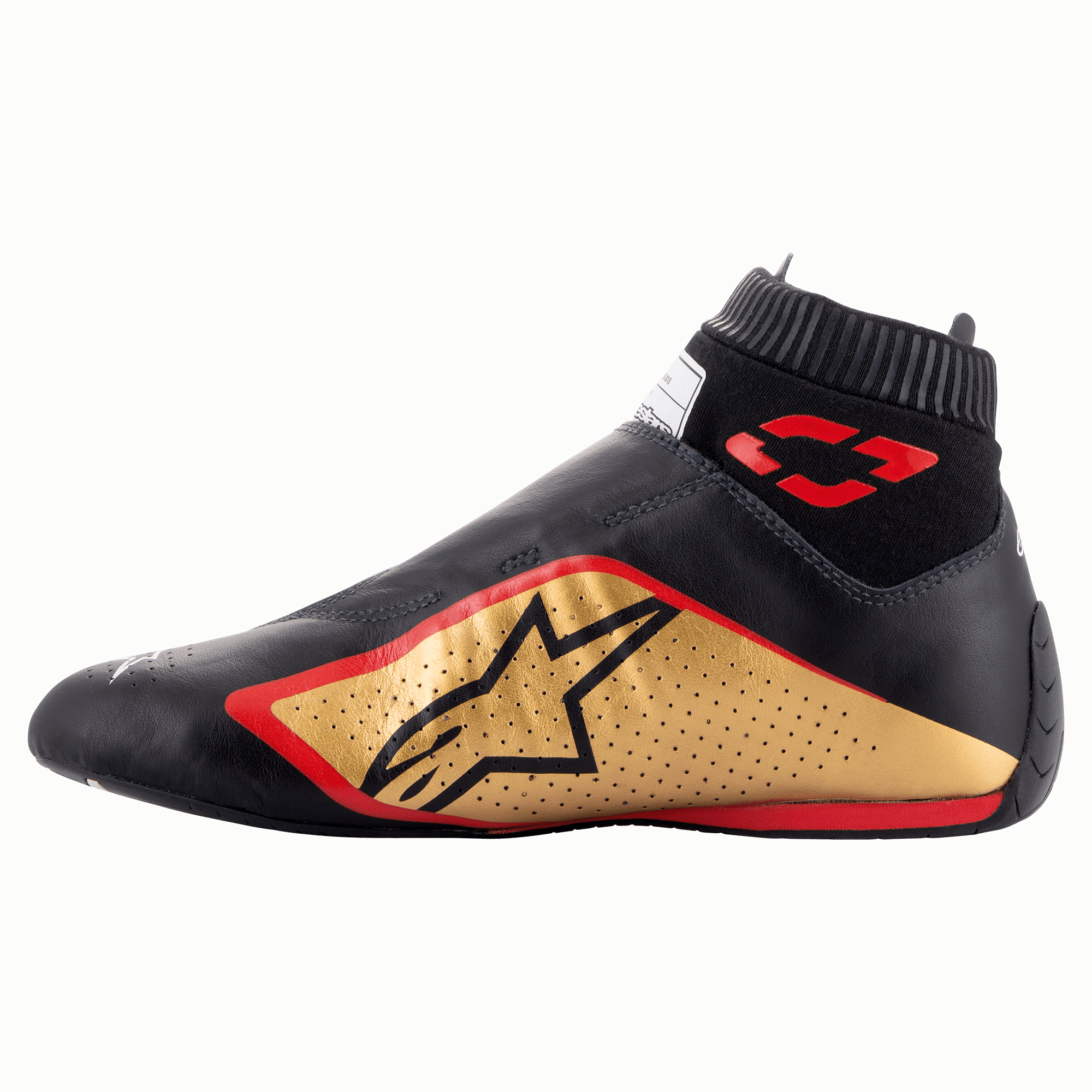 Alpinestars Supermono V2 Shoes FIA, Auto Racing Shoes, Black Gold and Red, side profile view featuring a sleek one-piece leather construction, gold side panel with black star logo, red accents, and a ribbed elastic collar.