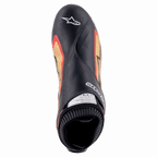 Alpinestars Supermono V2 Shoes FIA, Black Gold Red, top-down view of ultra-lightweight racing shoe, premium black leather with gold and red side accents, perforated zones for ventilation, and Alpinestars logo on the toe.