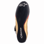 Alpinestars Supermono V2 Shoes FIA, Racing Shoes, Black Gold and Red, bottom view showing the thin rubber compound outsole with textured grip, white Alpinestars logo and branding, gold leather upper with red accents