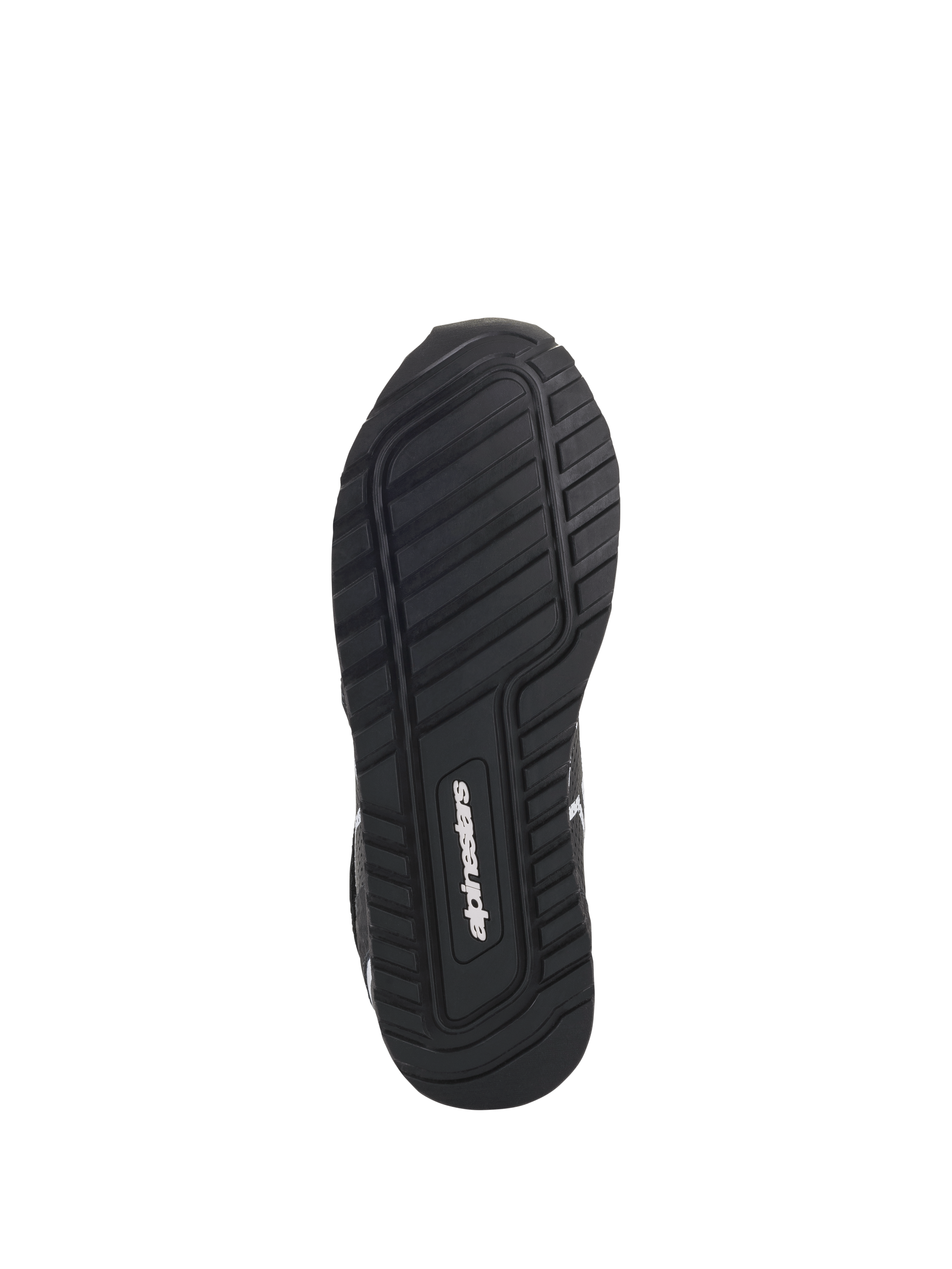 Chaussures Alpinestars Radar, noir et blanc, vue de dessous montrant la semelle exclusive en composé de caoutchouc avec motif de bande de roulement texturé pour l'adhérence et la stabilité, avec le logo Alpinestars au centre.