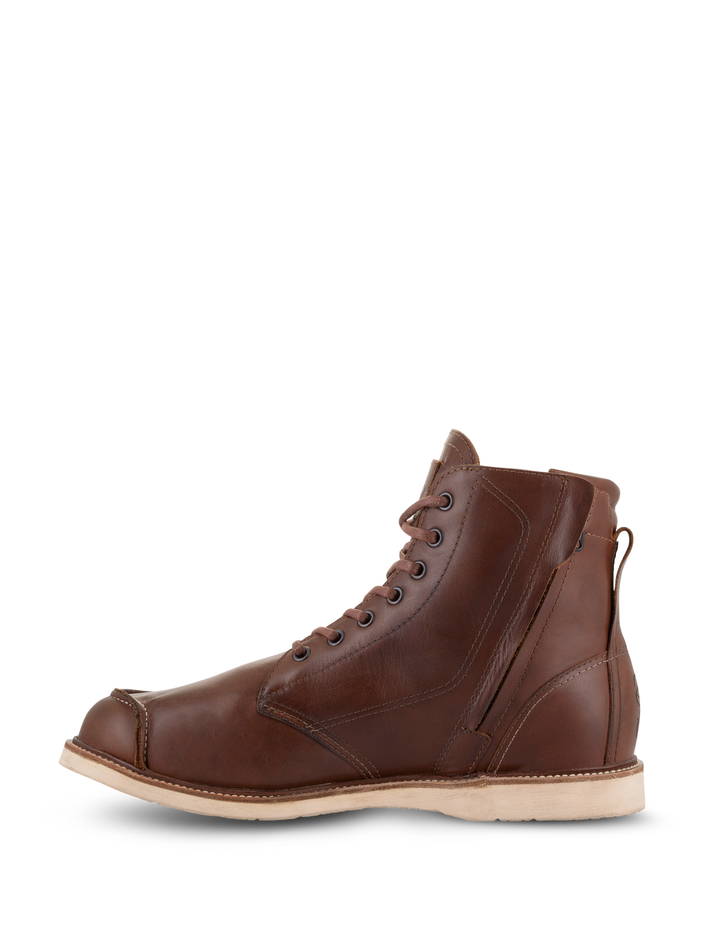Chaussures Alpinestars Oscar Monty V2, chaussures de moto en cuir brun, vue latérale interne avec fermeture éclair et lacets, design à bout mocassin avec semelle compensée claire, chaussures de protection d'inspiration héritage