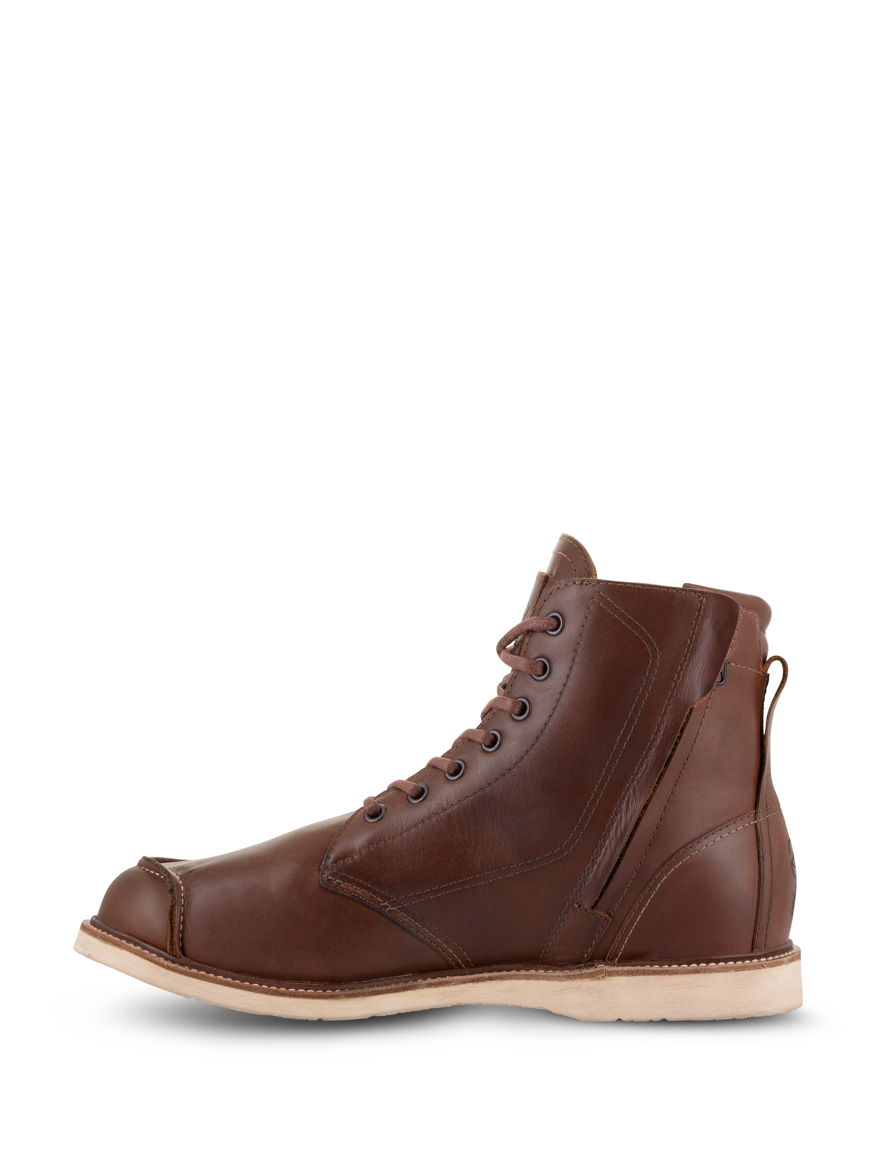 Chaussures Alpinestars Oscar Monty V2, chaussures de moto en cuir brun, vue latérale interne avec fermeture éclair et lacets, design à bout mocassin avec semelle compensée claire, chaussures de protection d'inspiration héritage
