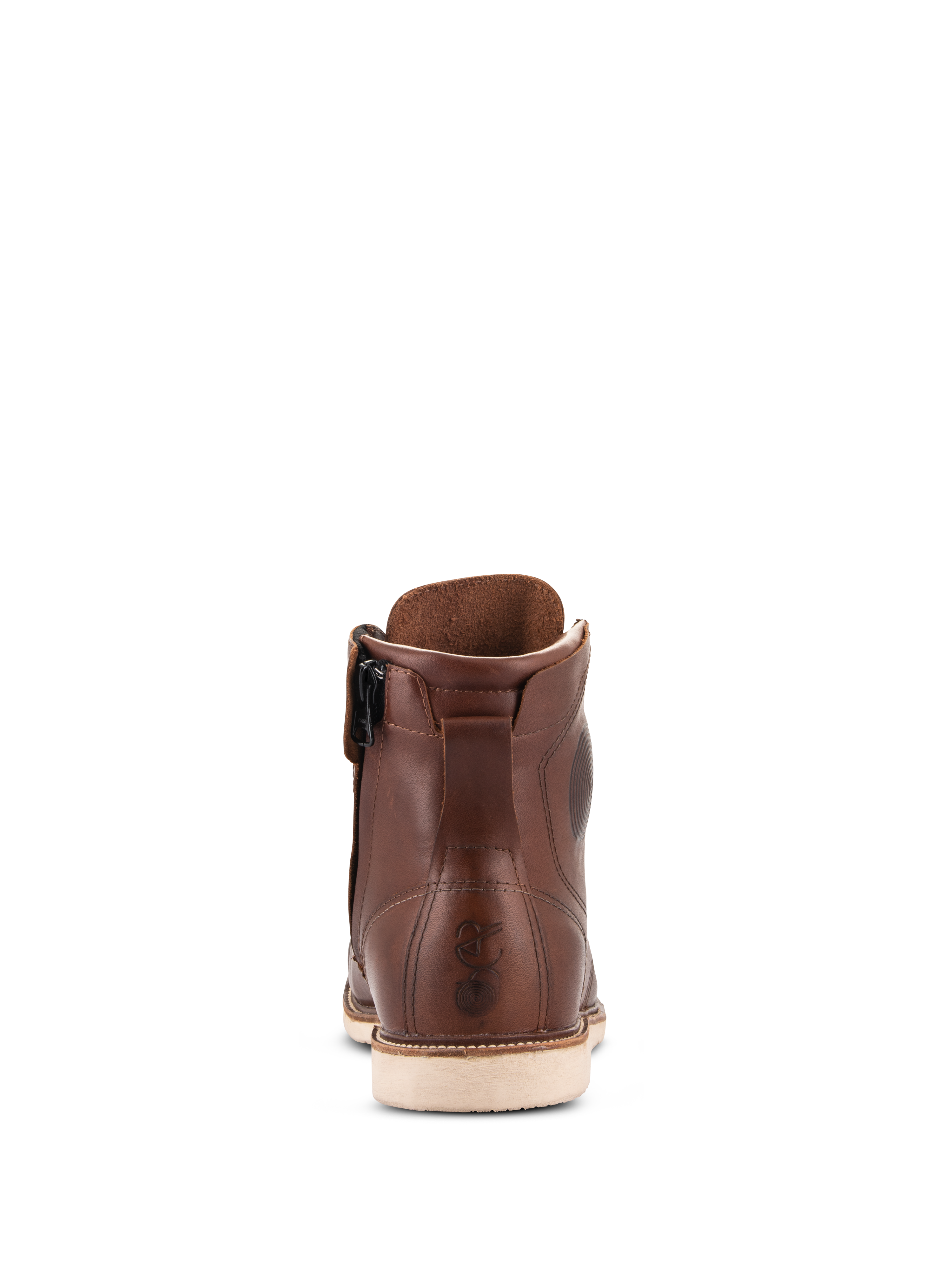 Chaussures Alpinestars Oscar Monty V2, chaussure de moto en cuir brun, vue arrière avec semelle compensée blanche et fermeture éclair sur le côté médial, logo Oscar embossé sur le talon, design urbain d'inspiration héritage