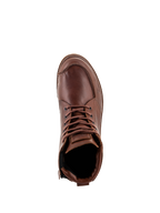 Chaussures Alpinestars Oscar Monty V2, chaussures de moto brunes, vue de dessus montrant la construction en cuir pleine fleur, les coutures bout mocassin et les lacets bruns, chaussures urbaines d'inspiration héritage