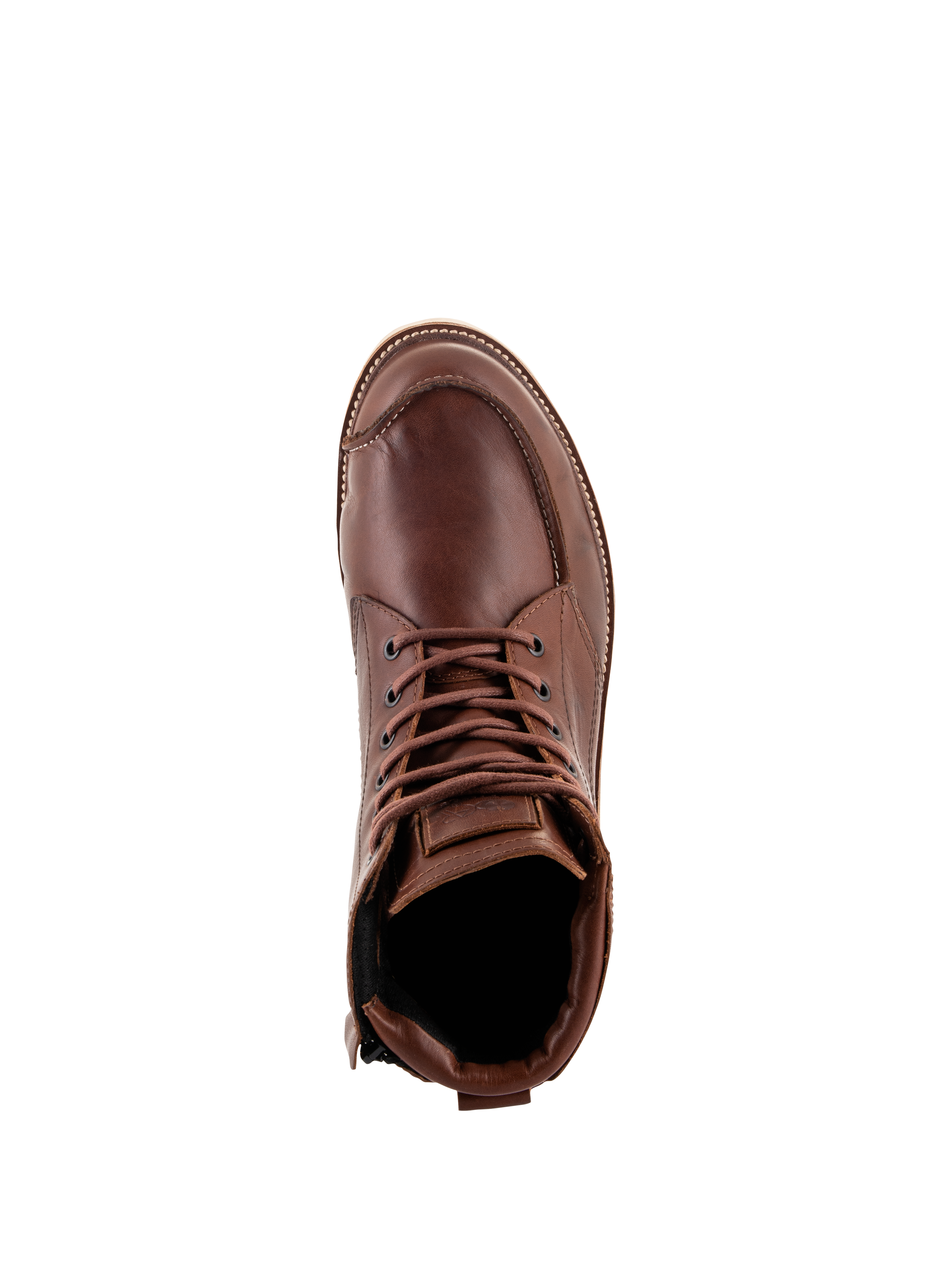 Chaussures Alpinestars Oscar Monty V2, chaussures de moto brunes, vue de dessus montrant la construction en cuir pleine fleur, les coutures bout mocassin et les lacets bruns, chaussures urbaines d'inspiration héritage
