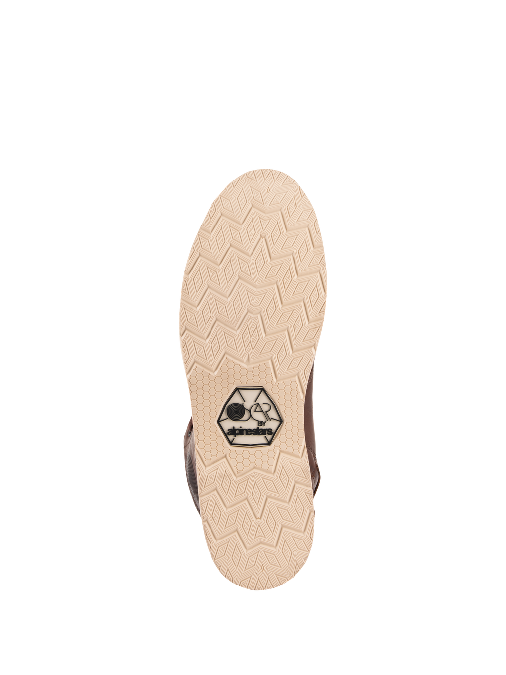 Chaussures Alpinestars Oscar Monty V2, vue de la semelle, semelle extérieure compensée beige clair avec motif géométrique de losanges, arborant le logo noir OSCAR by Alpinestars, chaussure de moto urbaine en cuir brun
