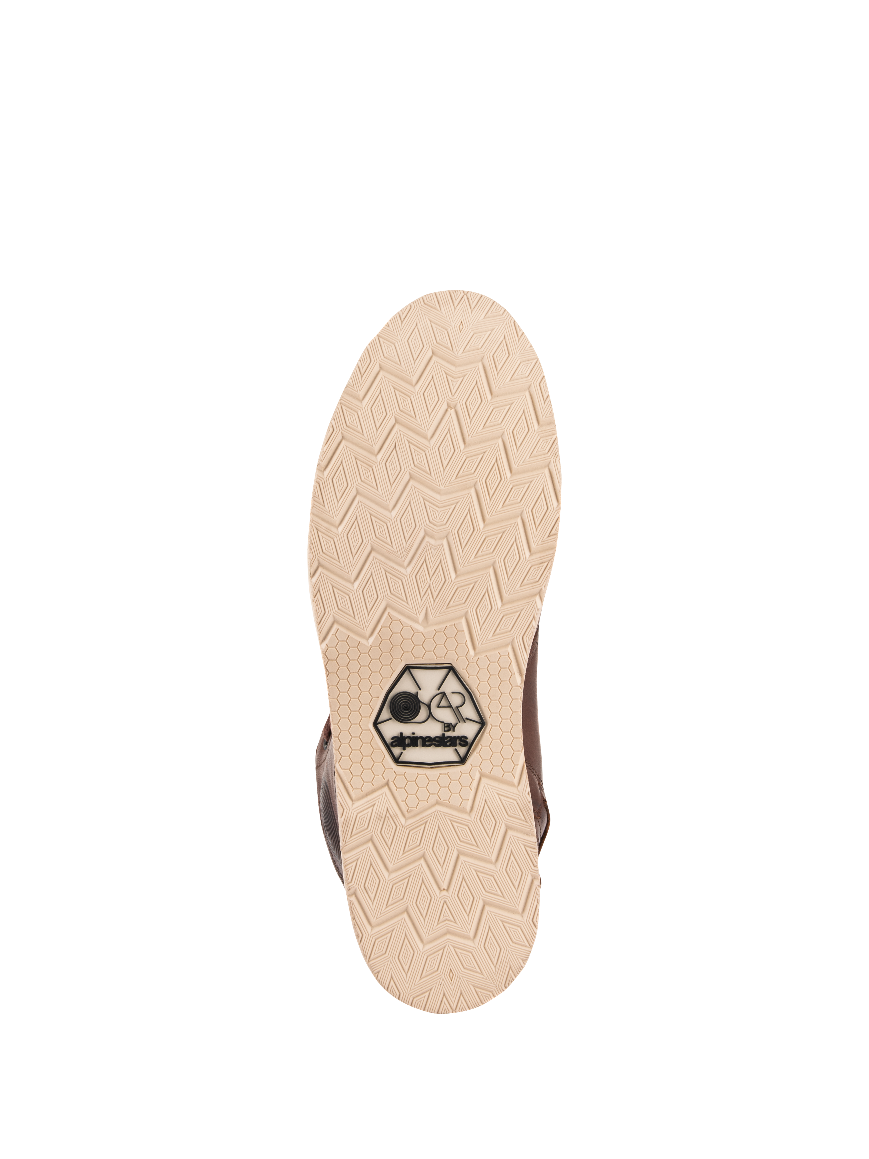 Chaussures Alpinestars Oscar Monty V2, vue de la semelle, semelle extérieure compensée beige clair avec motif géométrique de losanges, arborant le logo noir OSCAR by Alpinestars, chaussure de moto urbaine en cuir brun