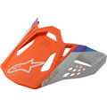 Visière de casque Alpinestars S-M8 Contact, visière de rechange pour casque de motocross, orange mat et gris avec accents bleus et violets, design angulaire avec découpes de ventilation, logo étoile blanche et lettrage Astars