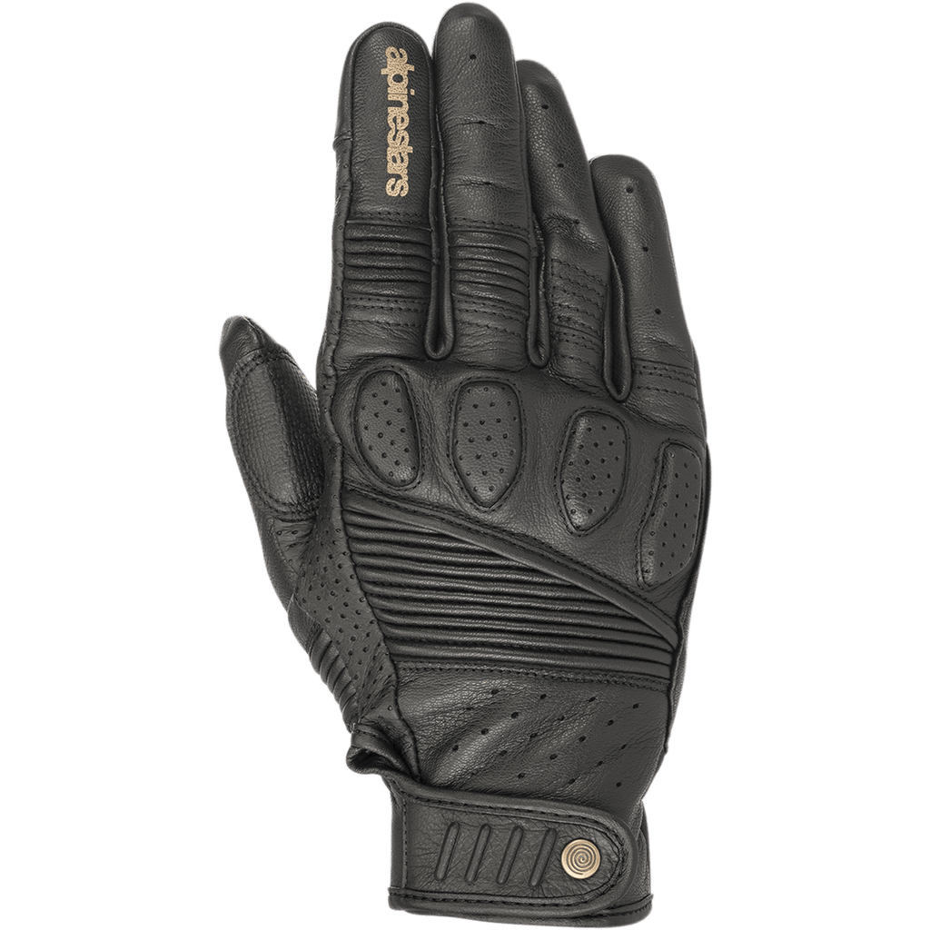 Alpinestars Crazy Eight Gloves, gants de moto en cuir noir, empiècements extensibles en accordéon sur les doigts et le dos de la main, rembourrage perforé aux articulations, logo Alpinestars beige sur l'index, sangle de poignet ajustable à scratch avec logo circulaire