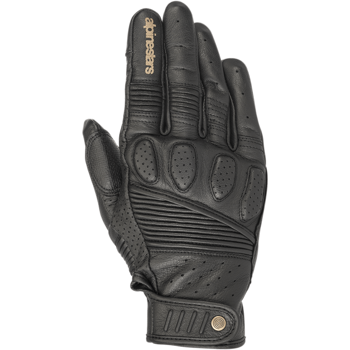 Alpinestars Crazy Eight Gloves, gants de moto en cuir noir, empiècements extensibles en accordéon sur les doigts et le dos de la main, rembourrage perforé aux articulations, logo Alpinestars beige sur l'index, sangle de poignet ajustable à scratch avec logo circulaire