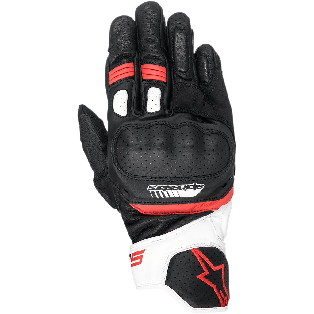 Gants Alpinestars SP-5, gants de course moto, noir, blanc et rouge, avec protection des articulations en cuir perforé, manchette courte avec accents blancs et rouges, logo Alpinestars, design ergonomique pour conduite sportive