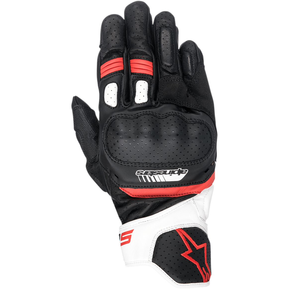 Gants Alpinestars SP-5, gants de course moto, noir, blanc et rouge, avec protection des articulations en cuir perforé, manchette courte avec accents blancs et rouges, logo Alpinestars, design ergonomique pour conduite sportive