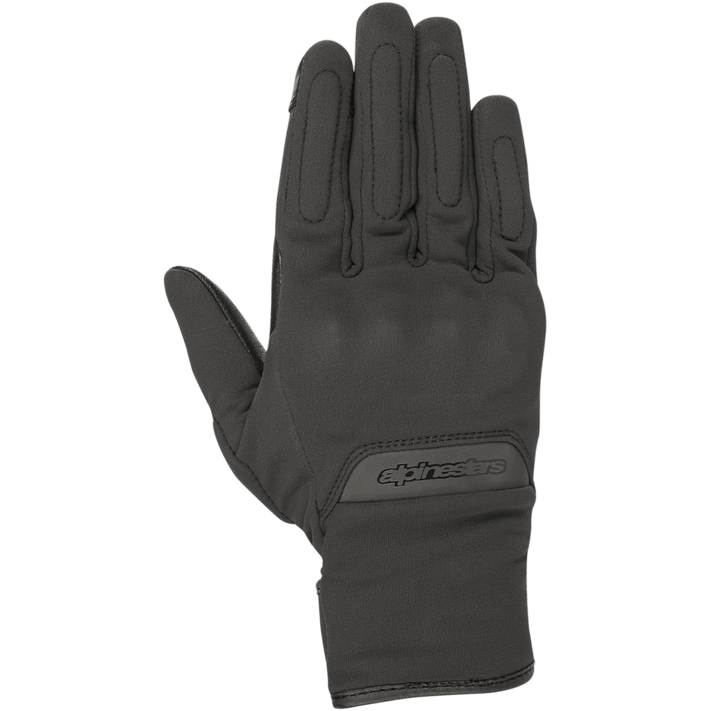 Gants Alpinestars C1 Windstopper V2, gants de moto urbains, noirs, vue de dessus montrant le dos de la main, construction en textile coupe-vent, protection discrète intégrée aux articulations, logo Alpinestars sur le poignet
