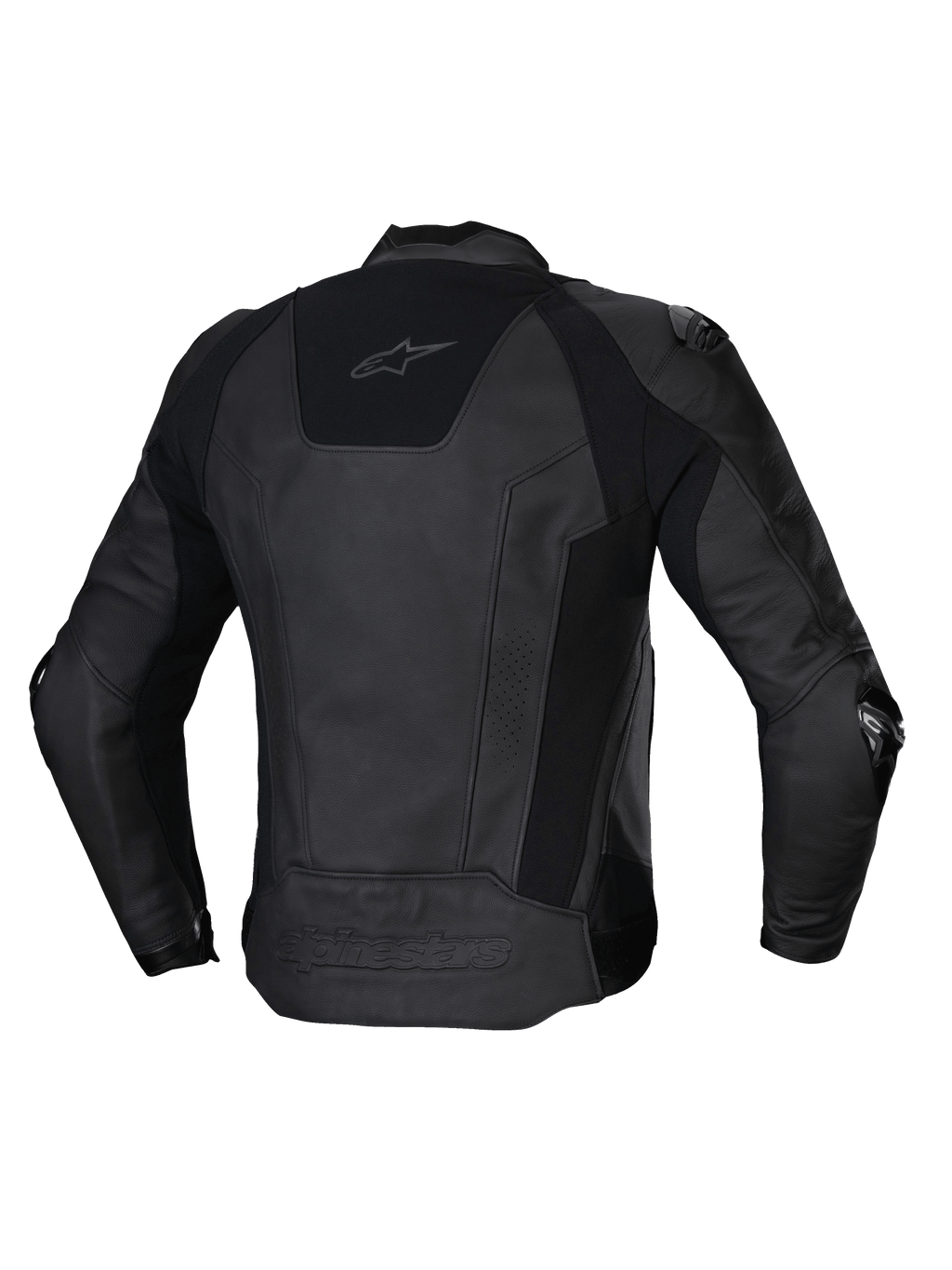 Alpinestars Veste En Cuir Missile V3, blouson de moto racing pour homme, vue de dos en noir, en cuir bovin premium avec panneaux stretch et certification CE