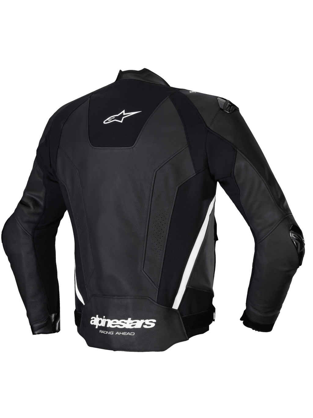 Alpinestars Veste En Cuir Missile V3, veste de moto racing pour homme, vue de dos en noir et blanc, construction en cuir premium avec panneaux stretch et protections d'épaules