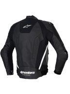 Alpinestars Veste En Cuir Missile V3, veste de moto racing pour homme, vue de dos en noir et blanc, construction en cuir premium avec panneaux stretch et protections d'épaules