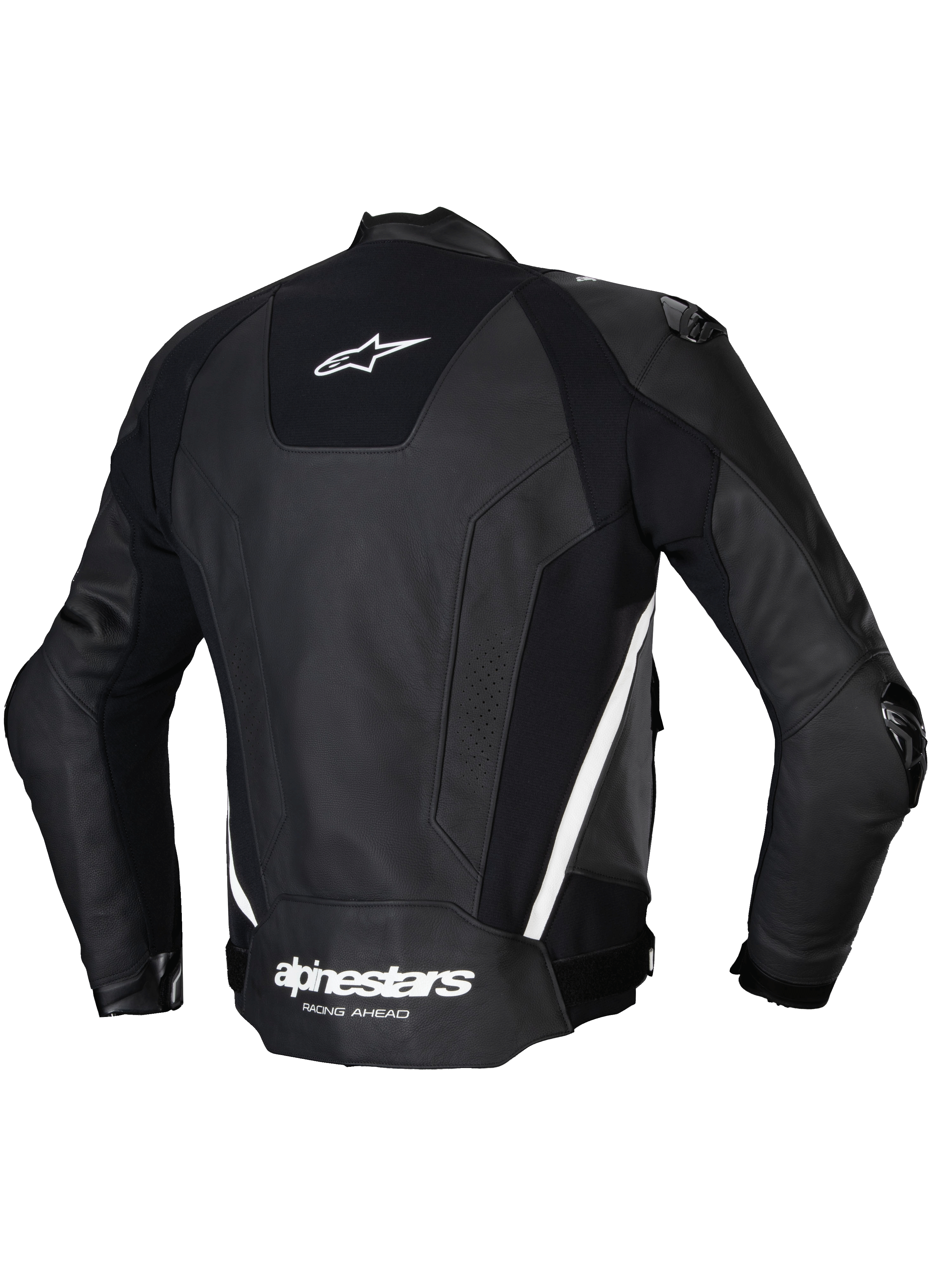 Alpinestars Veste En Cuir Missile V3, veste de moto racing pour homme, vue de dos en noir et blanc, construction en cuir premium avec panneaux stretch et protections d'épaules