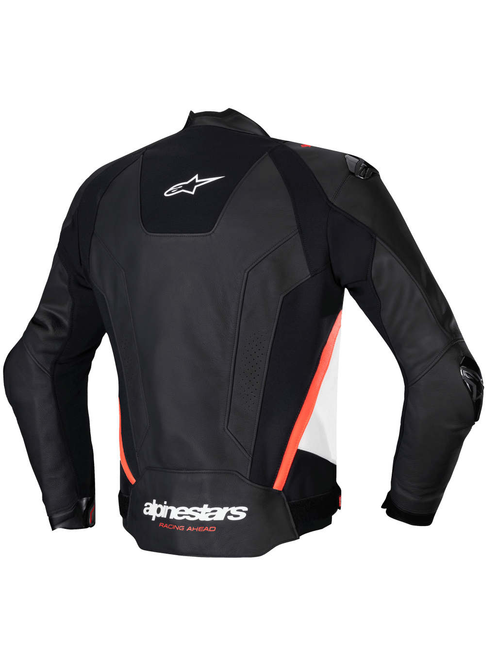Alpinestars Missile V3 Leather Jacket, Men's Racing and Sport Motorcycle Jacket, Back View, Black, White and Red Fluo, Premium Bovine Leather with CE Certification