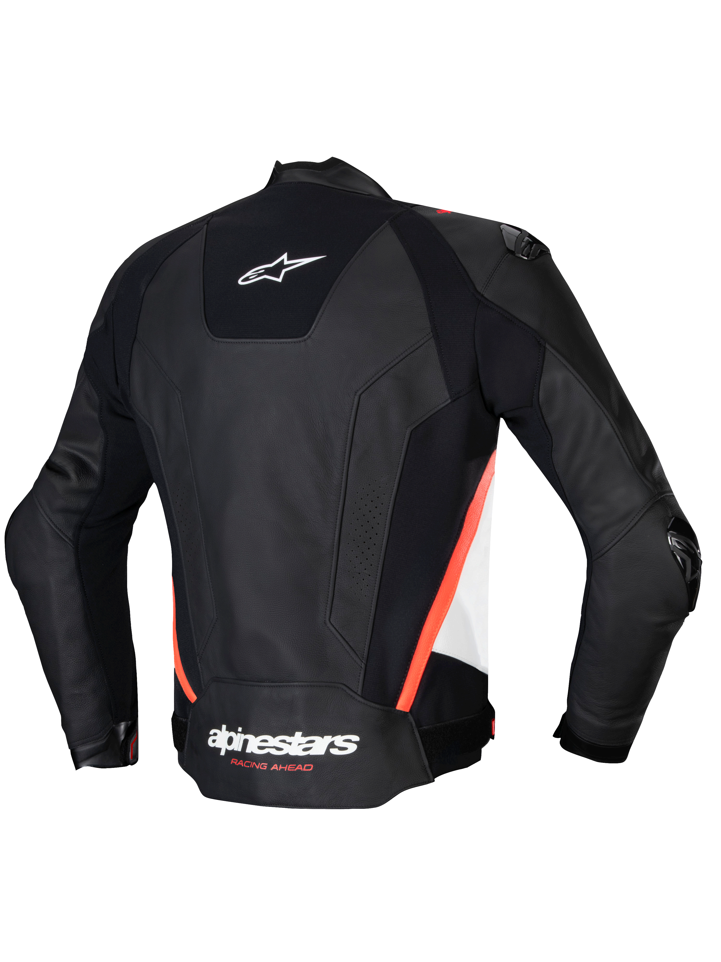 Alpinestars Missile V3 Leather Jacket, Men's Racing and Sport Motorcycle Jacket, Back View, Black, White and Red Fluo, Premium Bovine Leather with CE Certification