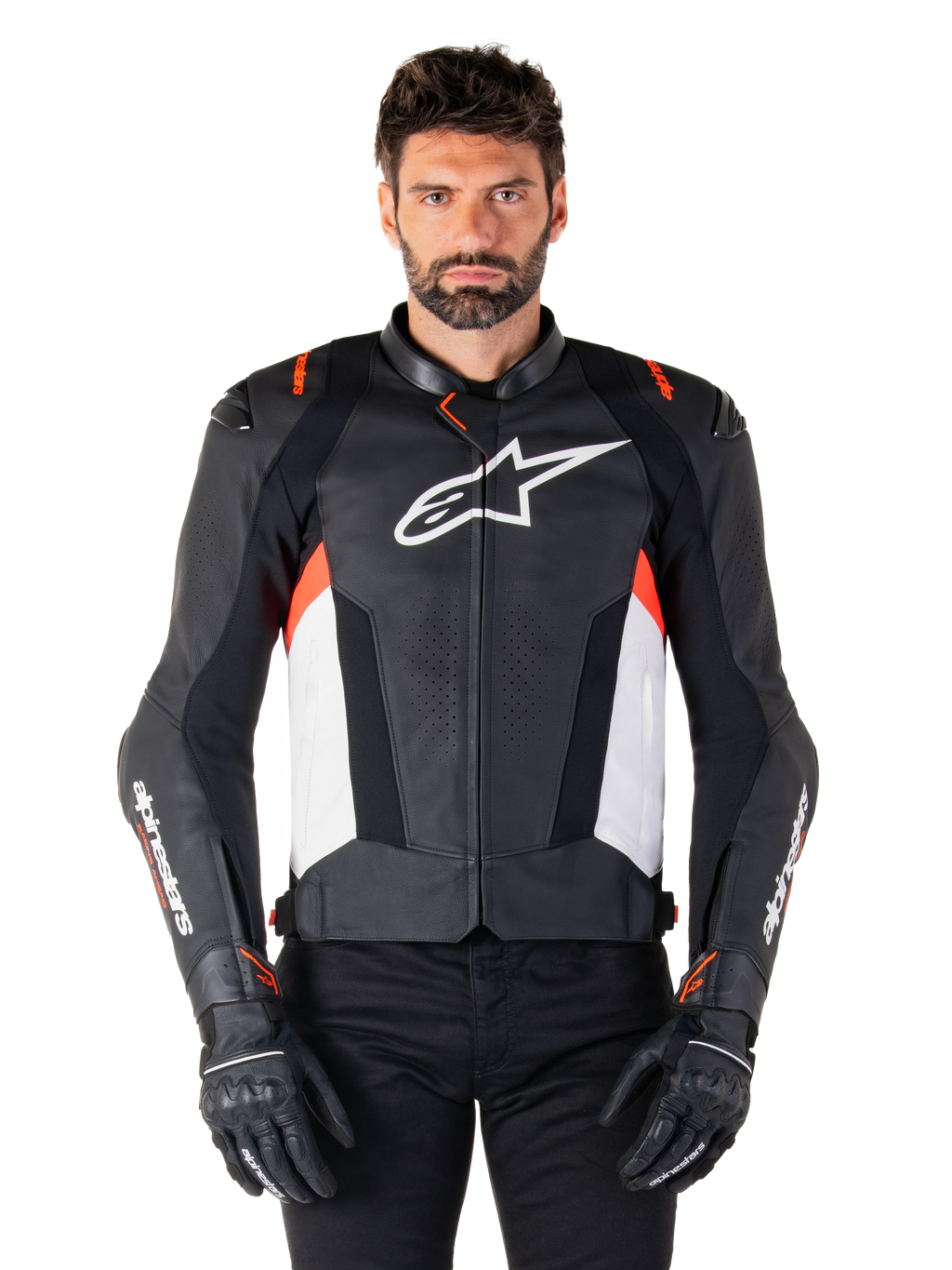 Veste en cuir Alpinestars Missile V3, noir, blanc et rouge fluo, veste de sport de course haut de gamme en cuir bovin, dotée d'un logo blanc sur la poitrine et du marquage Alpinestars sur les manches, portée avec des gants et un pantalon de moto noirs