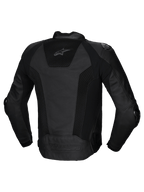 Alpinestars Missile V3 Airflow Leather Jacket, back view of men's racing motorcycle jacket in black with perforated leather panels and stretch inserts, CE certified AA class