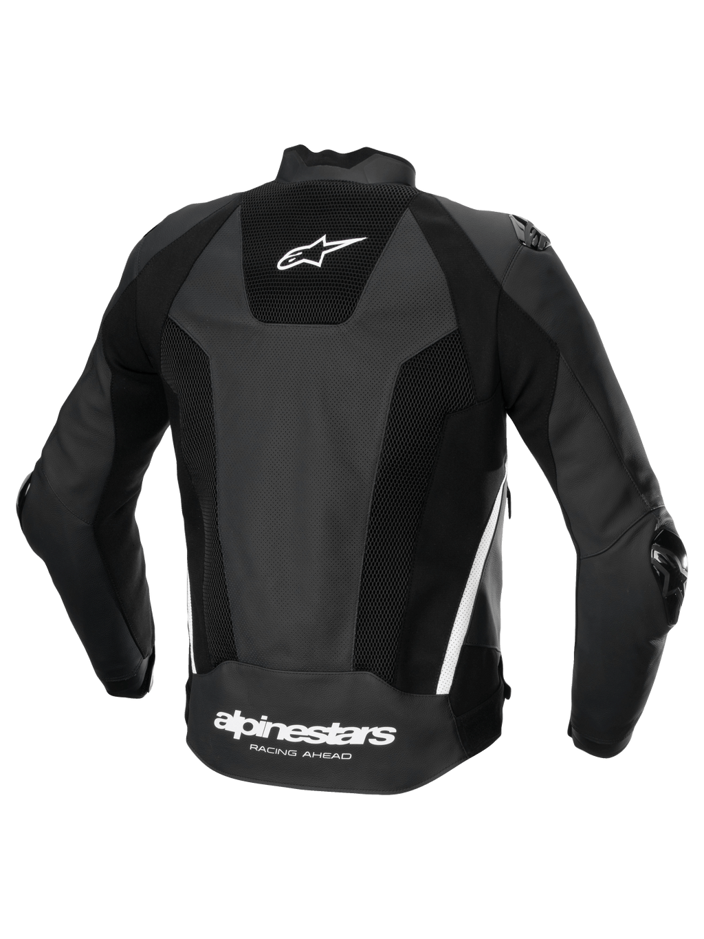 Alpinestars Veste En Cuir Missile V3 Airflow, veste de moto racing pour homme, vue de dos, noire et blanche, en cuir premium perforé avec panneaux stretch et logo arrière