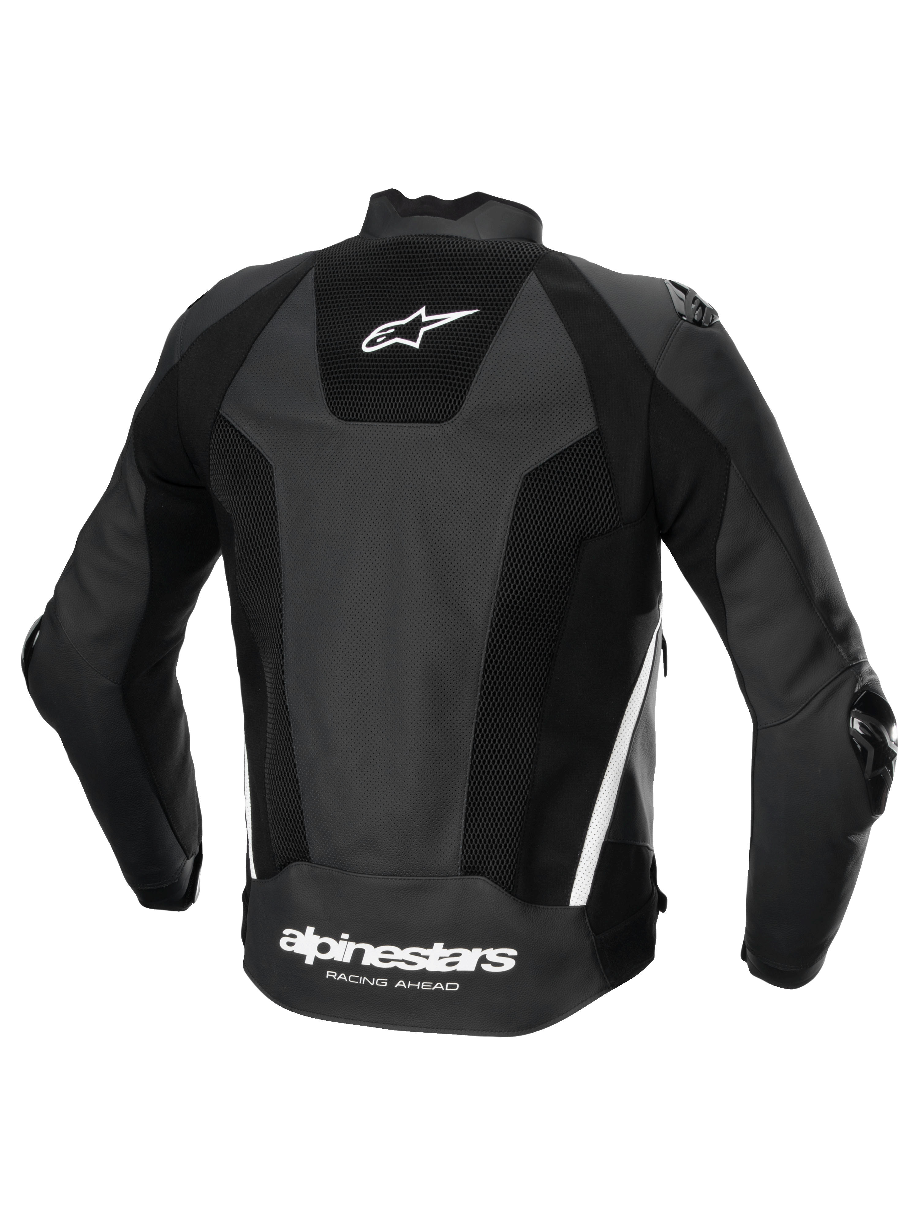 Alpinestars Veste En Cuir Missile V3 Airflow, veste de moto racing pour homme, vue de dos, noire et blanche, en cuir premium perforé avec panneaux stretch et logo arrière