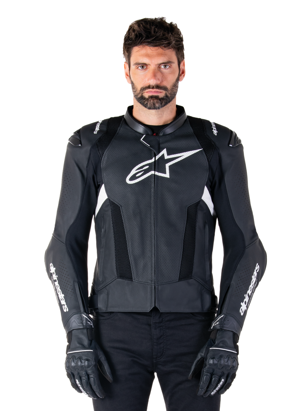 Veste en cuir Alpinestars Missile V3 Airflow, noire et blanche, veste de moto de course avec panneaux de ventilation en cuir perforé, grand logo étoile blanc sur la poitrine, portée avec des gants assortis, design sportif et protecteur