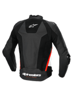Alpinestars Veste En Cuir Missile V3 Airflow, veste de moto racing pour homme, vue de dos, noire avec des accents blancs et rouge fluo, construction en cuir perforé certifiée CE