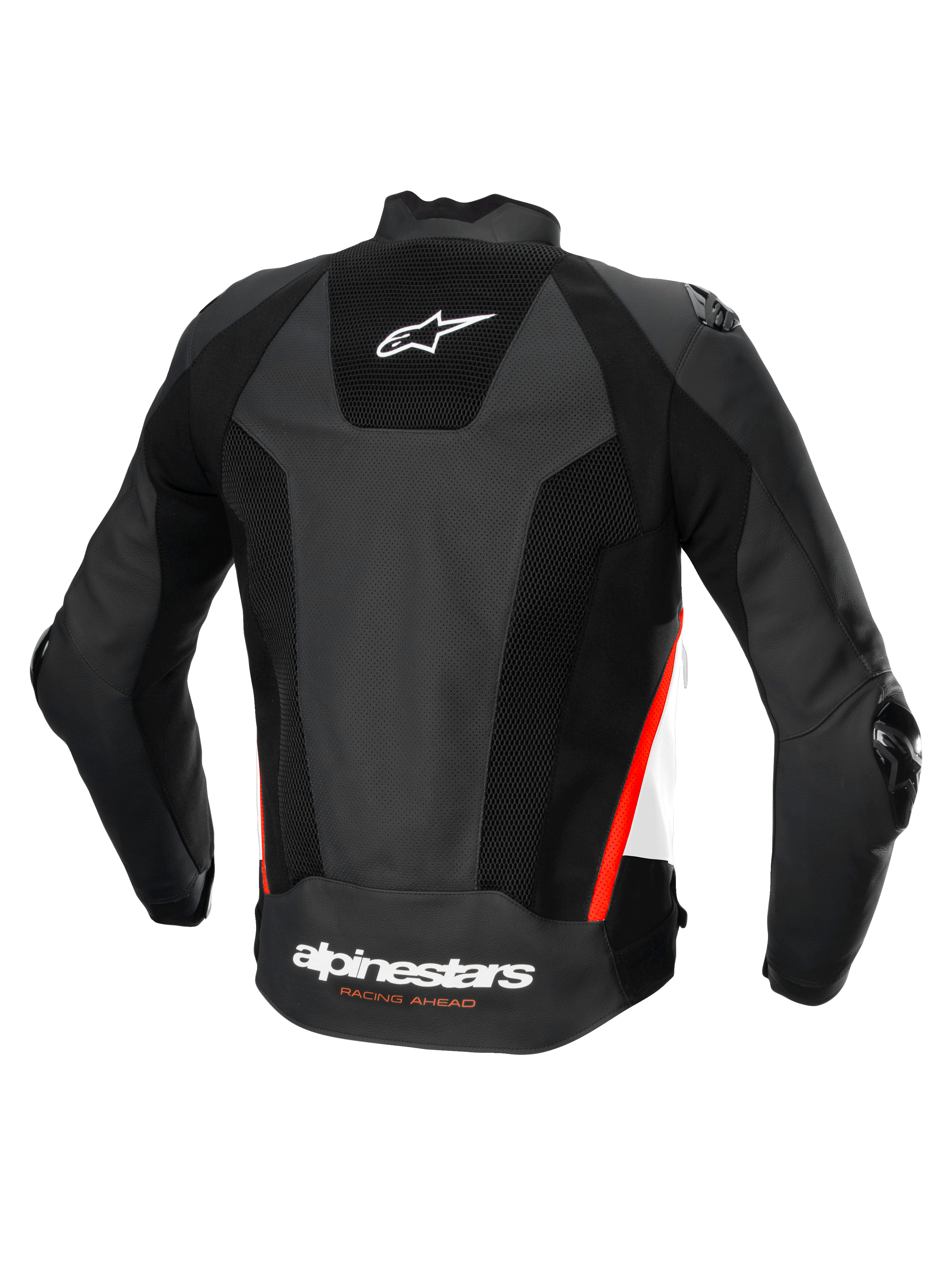Alpinestars Veste En Cuir Missile V3 Airflow, veste de moto racing pour homme, vue de dos, noire avec des accents blancs et rouge fluo, construction en cuir perforé certifiée CE