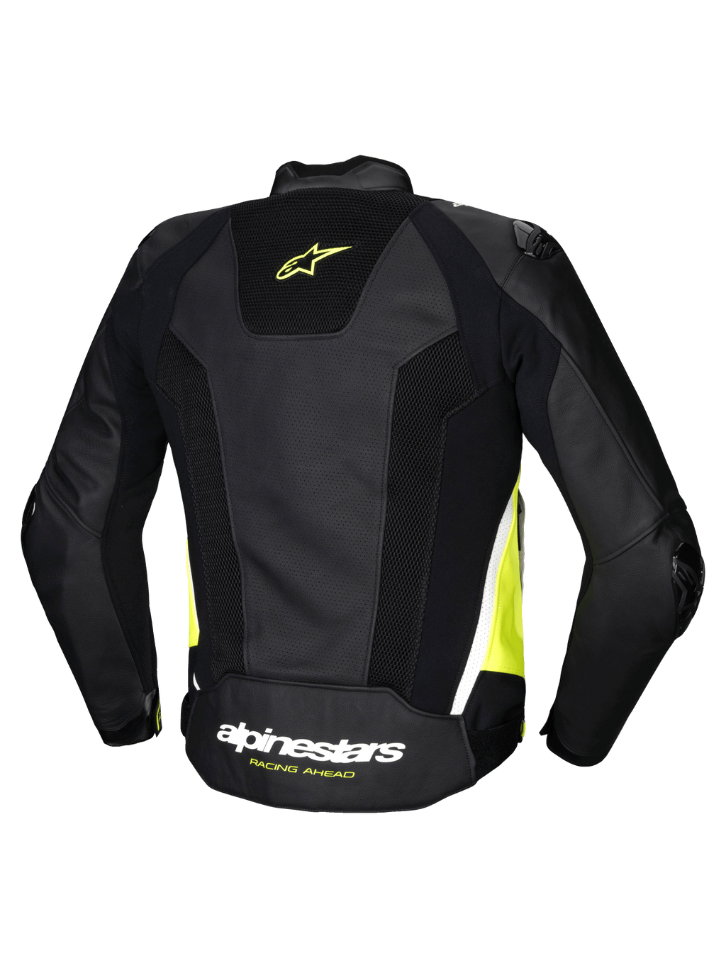 Alpinestars Missile V3 Airflow Leather Jacket, men's racing motorcycle jacket, back view showing black, yellow fluo, and white colorway with perforated leather and stretch panels, CE certified AA class