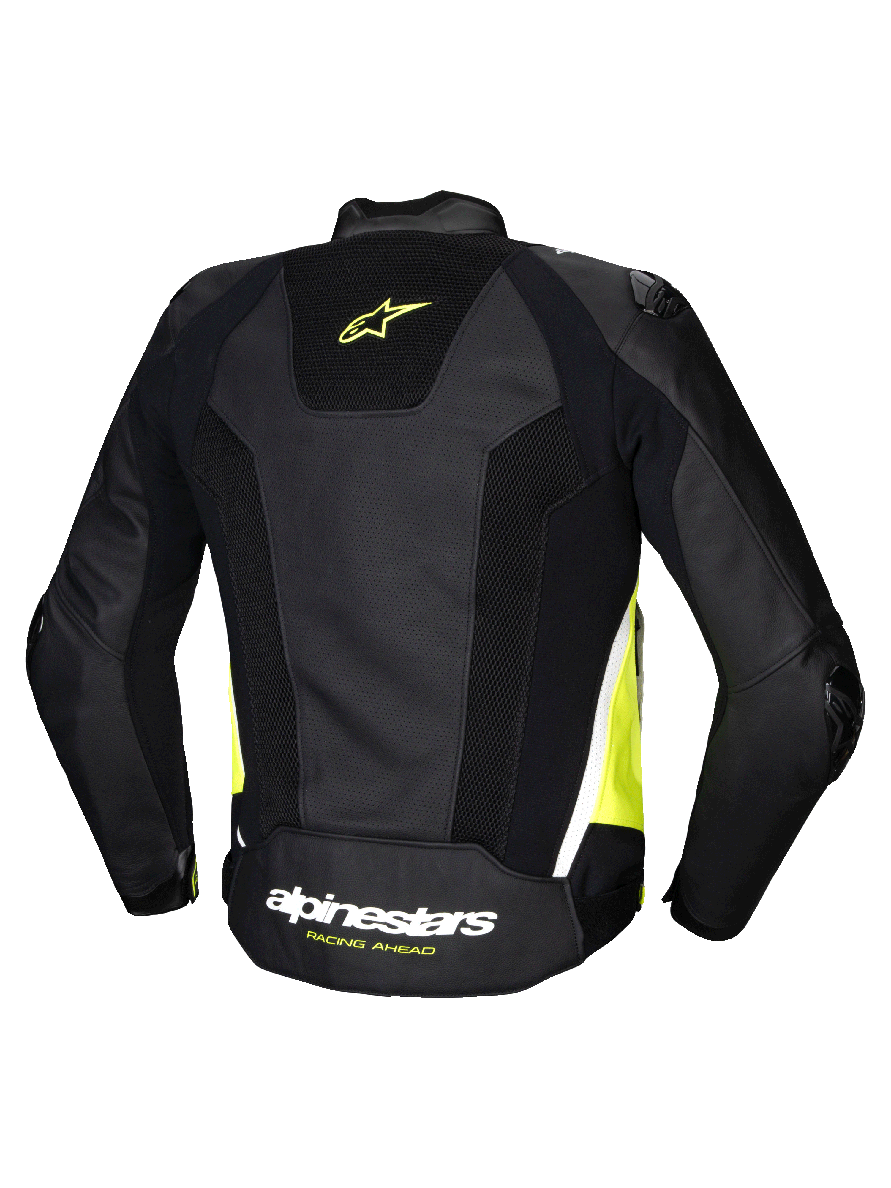 Alpinestars Missile V3 Airflow Leather Jacket, men's racing motorcycle jacket, back view showing black, yellow fluo, and white colorway with perforated leather and stretch panels, CE certified AA class