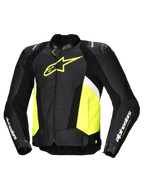 Alpinestars Missile V3 Airflow Leather Jacket, men's racing motorcycle jacket, Black, Yellow Fluo, and White, perforated bovine leather with DFS shoulder sliders and Tech-Air ready design