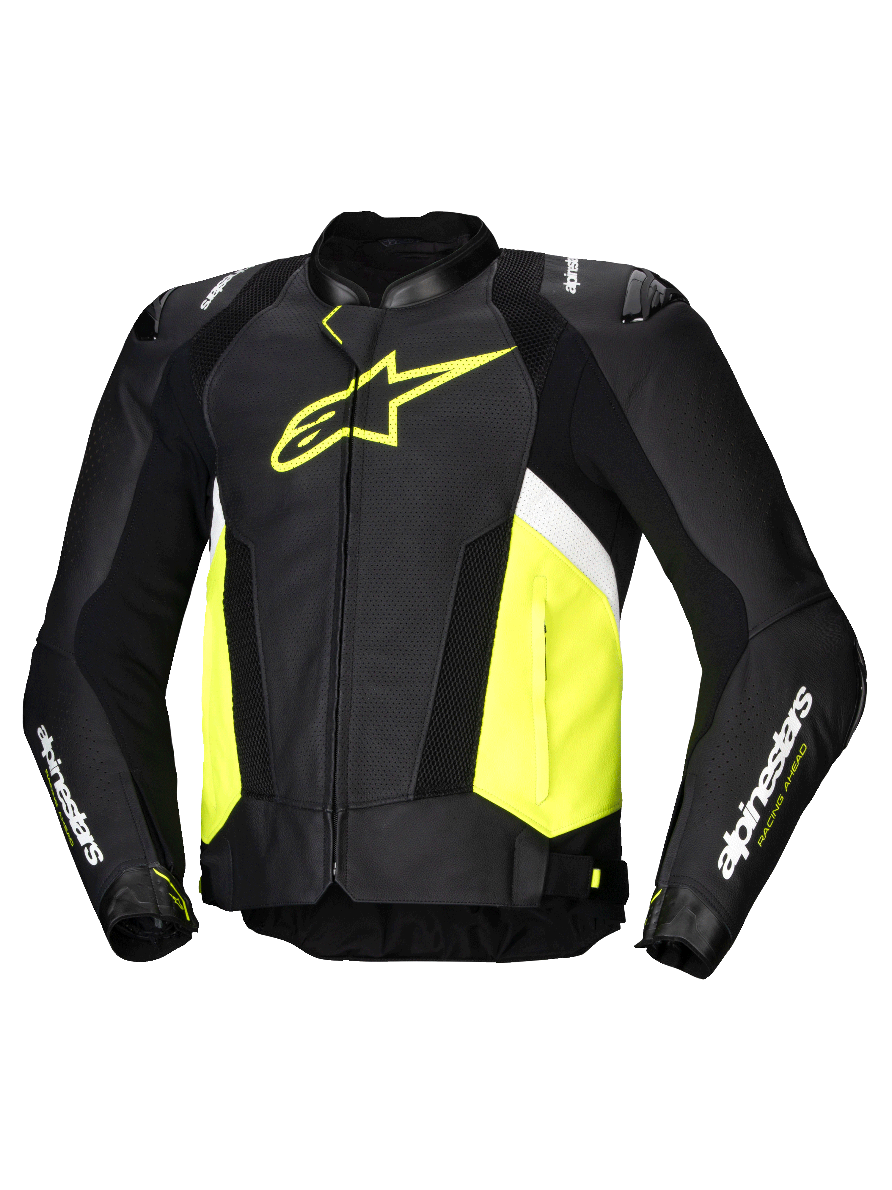Alpinestars Missile V3 Airflow Leather Jacket, men's racing motorcycle jacket, Black, Yellow Fluo, and White, perforated bovine leather with DFS shoulder sliders and Tech-Air ready design