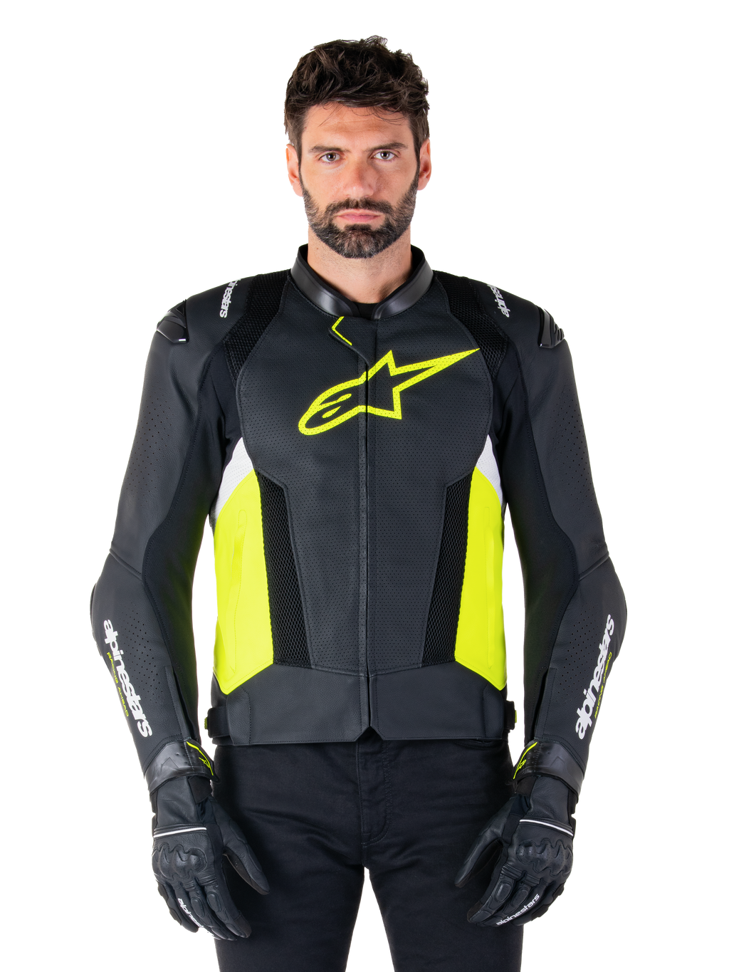 Veste en cuir Alpinestars Missile V3 Airflow, veste de moto sport racing, noir, jaune fluo et blanc, portée par un mannequin avec des gants de moto noirs, dotée de cuir perforé sur la poitrine, d'un logo jaune fluo éclatant et d'un marquage blanc sur les manches